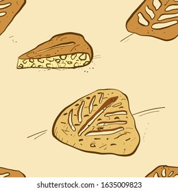 Seamless pattern of sketched Fougasse bread. Useable for wallpaper or any sized decoration. Handdrawn Vector Illustration