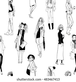 seamless pattern with sketched girls