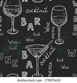 Seamless pattern with sketched glasses for red wine, white wine, martini and cocktail on chalkboard background. Hand written letters in vintage style drawn with chalk on blackboard.