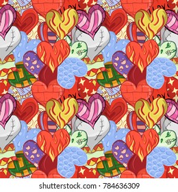 seamless pattern of sketched hearts in various designs