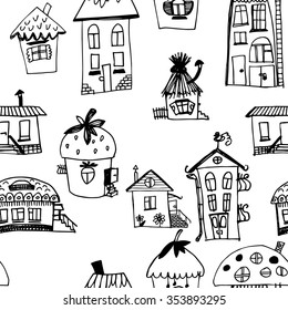 Seamless pattern with sketched houses. Seamless hand drawn buildings in vintage style. Vector illustration.