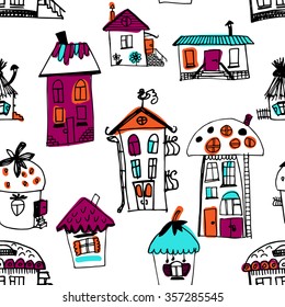 Seamless pattern with sketched houses. Seamless hand drawn buildings in vintage style. Vector illustration.