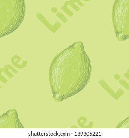 A seamless pattern of a sketched lime fruit and the word lime.
