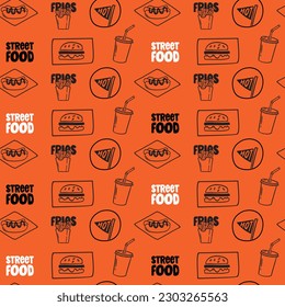 Seamless pattern with sketched street food items like french fries and flag with hot text. Background template for fast food.