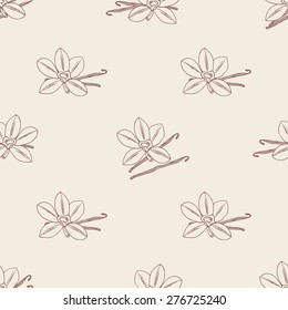 Seamless pattern with sketched vanilla flower and beans. Hand drawn vector background for kitchen/cafe/coffee house