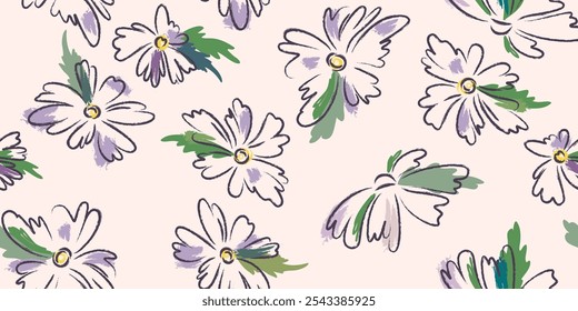 Seamless pattern of  sketches abstract flowers. Simple freehand drawing with black charcoal pencil and colored brushstrokes on white background.  Modern botanical design for fabric, wallpaper, paper. 