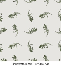 Seamless pattern from sketches of ancient extinct prehistoric raptor