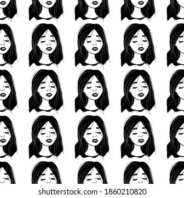 Seamless pattern with sketches of avatars of beautiful girls on a white background. Profile of a young woman in front in a flat style. Joyful relaxed faces of people.
Stock vector illustration
