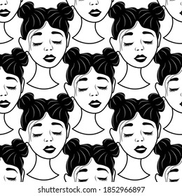 Patrón sin foco con bocetos de avatares de muchachas encantadoras sobre un fondo blanco. Perfil de una joven frente a frente en un estilo plano. Alegres rostros relajados de la gente.
Ilustración vectorial de acciones