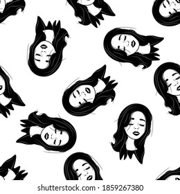 Patrón sin foco con bocetos de avatares de chicas gentiles sobre un fondo blanco. Perfil de una joven frente a frente en un estilo plano. Alegres rostros relajados de la gente.
Ilustración vectorial de stock para diseño