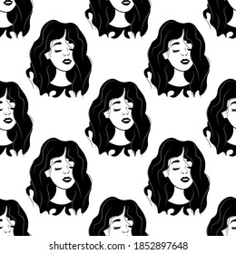 Patrón sin foco con bocetos de avatares de muchachas maravillosas sobre un fondo blanco. Perfil de una joven frente a frente en un estilo plano. Alegres rostros relajados de la gente.
Ilustración vectorial de acciones