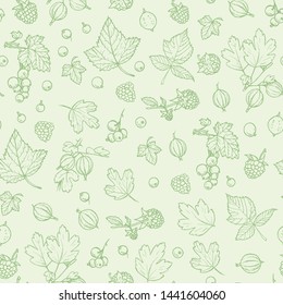 Seamless pattern with sketches of berries in green color.