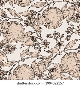 Seamless pattern with sketches of a blossoming orange branch.