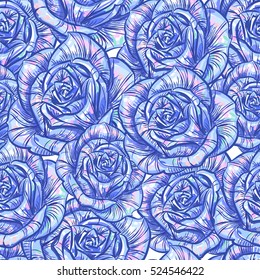  seamless pattern of the sketches of blue and purple roses and leaves in shades of delicate in vintage style