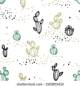 Seamless pattern of sketches of cacti with points.
