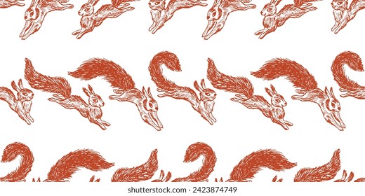 Seamless pattern of sketches cartoon red jumping wild forest squirrels with big fluffy tails, vector background for paper,wallpaper