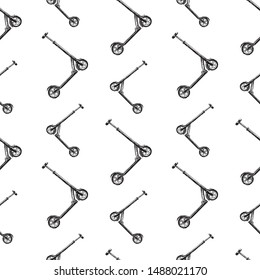 Seamless pattern of sketches of children scooters