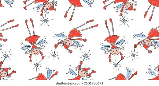 Seamless pattern of sketches christmas flying elves girls, cartoon cheerful smiling fairies with magic wands, vector hand drawn background, wallpaper, paper, textile 