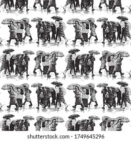 Seamless pattern of sketches citizens crowd walking under umbrellas in raining