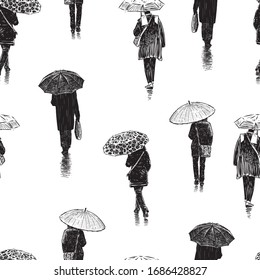 Seamless pattern of sketches citizens walking under umbrellas along urban street