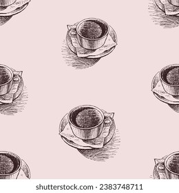 Nahtlose Muster von Skizzen Kaffeetasse auf Untertasse