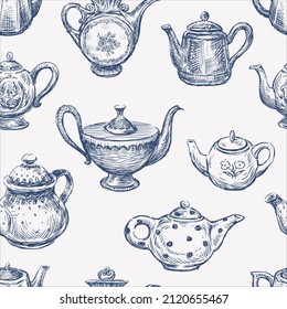 Seamless pattern of sketches  collection various vintage teapots