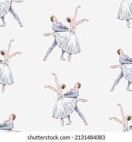 Seamless pattern of sketches couples graceful dancers dancing classical ballet 