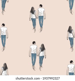 Seamless pattern of sketches couples young people walking outdoors