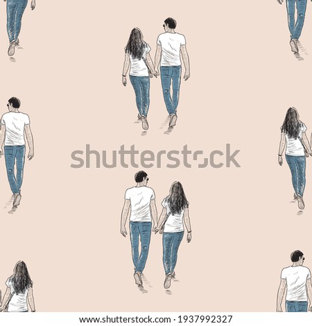 Seamless pattern of sketches couples young people walking outdoors