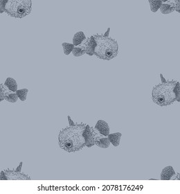 Seamless pattern of sketches cute aquarium fishes floating in water