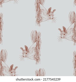 Seamless pattern of sketches cute forest squirrel on tree trunk