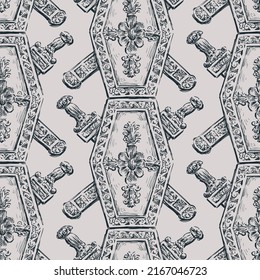 Seamless pattern from sketches decorative ancient shield with swords