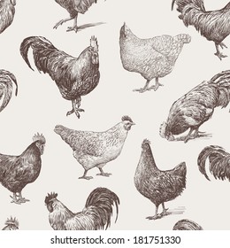 Seamless pattern of sketches different cocks and hens, realistic hand drawings, vector background, paper, wallpaper