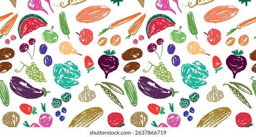Seamless pattern of sketches different colorful ripe fruits and vegetables, vector background, paper, fabric, wallpaper