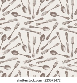 Seamless pattern of sketches different cutlery, hand drawn vector illustration, background, paper, textile, wallpaper, wrapper