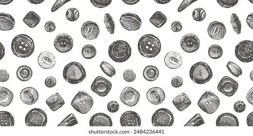 Seamless pattern of sketches different sewing buttons for clothes, hand drawn illustration, vector background