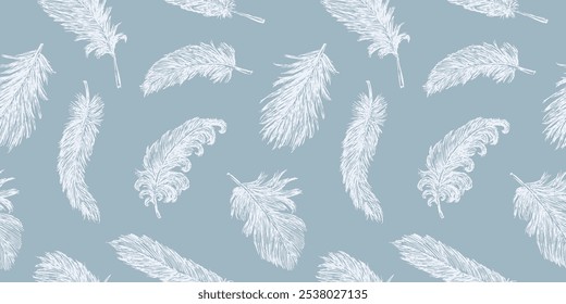 Seamless pattern of sketches different white birds feathers, vector hand drawn background, wallpaper, textile, paper