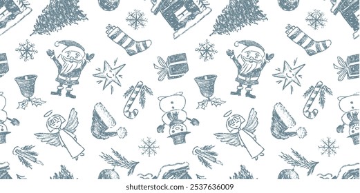 Seamless pattern of sketches differnent christmas symbols, hand drawn vector background, paper, wrapping, fabric