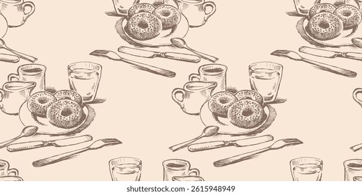 Seamless pattern of sketches donuts on plate, drinksm cutlery for breakfast, outline hand drawn vector illustration, background, paper