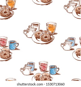 Seamless pattern of sketches of donuts,juice,coffee and milk for breakfast