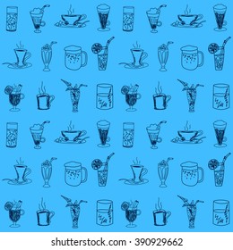 Seamless pattern with sketches of drinks. Endless background with hand-drawn drinks: coffee,tea,milk,mulled wine,juice and other
