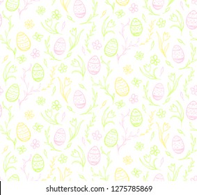 Seamless pattern sketches of Easter eggs and flowers in bright shades.