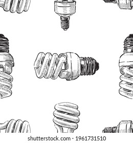 Seamless pattern of sketches of energy saving light bulbs