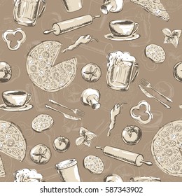 Seamless pattern with sketches for fast food. Pizza elements. Drinks and food.