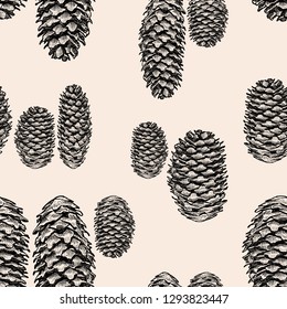 Seamless pattern of sketches of fir cones