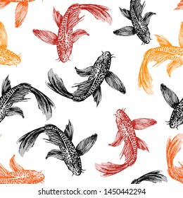 Seamless pattern of sketches of floating colorful fish. Red, yellow and black fish on a white background.