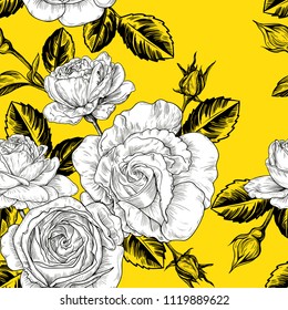 Seamless pattern with sketches of flowers and buds of roses on a yellow background. Vector vintagei llustration.