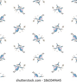 Seamless pattern of sketches flying funny sorceresses with magic wands
