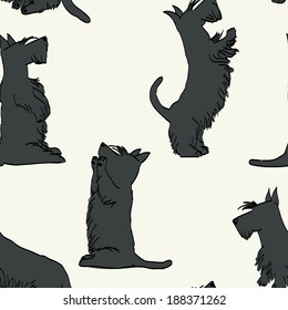 Seamless pattern with sketches of four cute Scottish terriers in different poses. Hand drawn cartoon dogs begging for a treat.