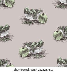 Seamless pattern of sketches fresh cucumbers in bowl, dill bunches and green apple